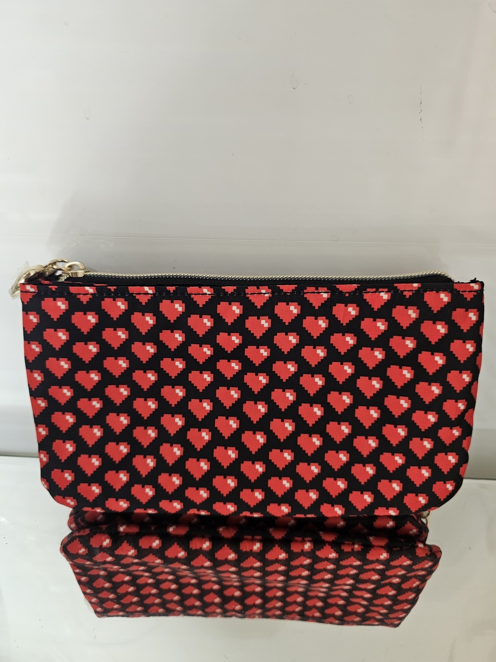 Moschino Limited Runway Sample Black Zip Pouch with Red Pixel Heart Print